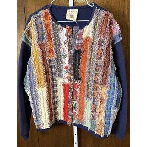 Vtg Homemade Quilted Patchwork Sweatshirt Jacket Size L Frayed Edges Button Down